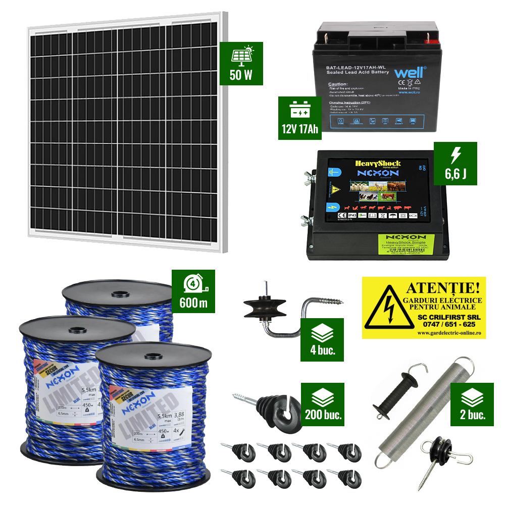Pachet gard electric cu Pulsator 6,6J putere și Frânghie 600m 450Kg plus Panou solar 50W și acumulator 17Ah [1]