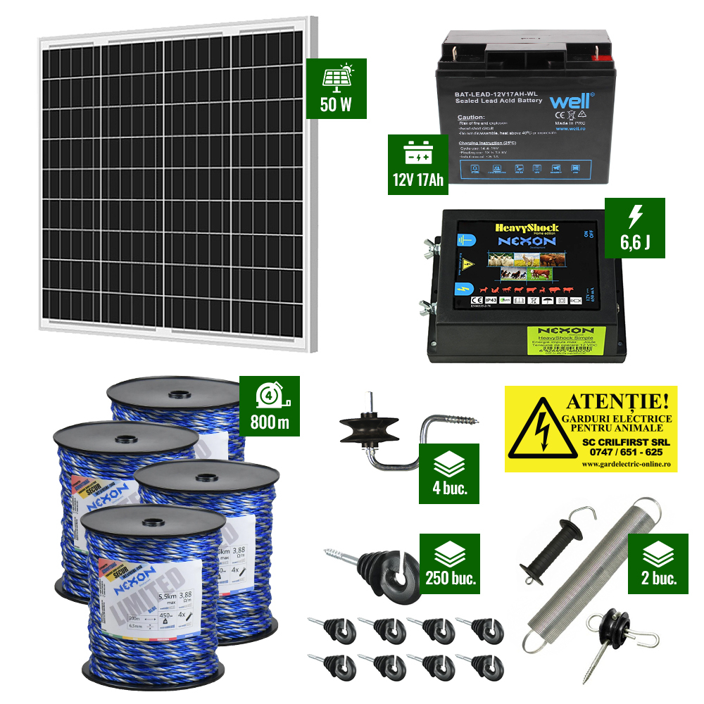 Pachet gard electric cu Pulsator 6,6J putere și Frânghie 800m 450Kg plus Panou solar 50W și acumulator 17Ah [1]
