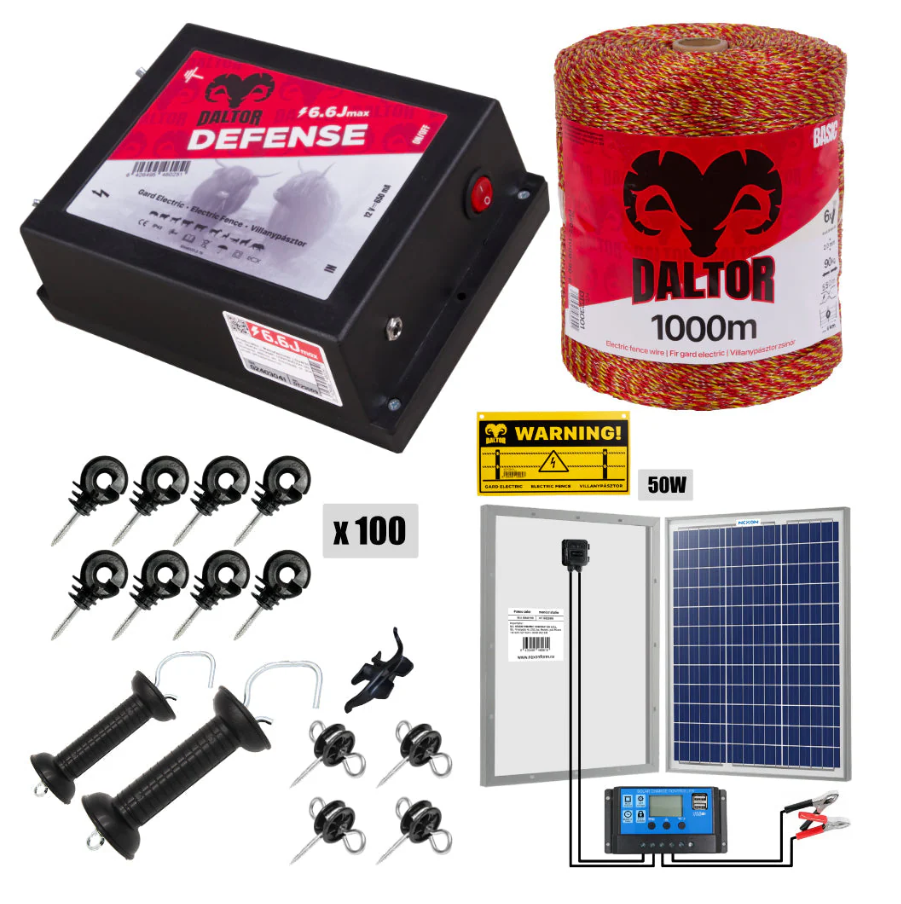 Pachet gard electric cu Pulsator DALTOR Defense 6.6J cu Panou Solar și Fir de 1000m [1]