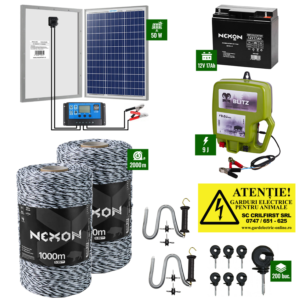 Pachet Gard Electric Daltor 9J + Fir 2000m 120Kg + Panou 50W cu regulator + Acumulator 17Ah [1]