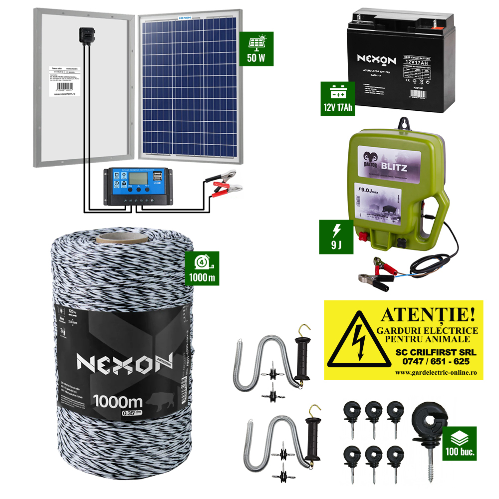 Pachet Gard Electric Daltor 9J + Fir 1000m 120Kg + Panou 50W cu regulator + Acumulator 17Ah [1]