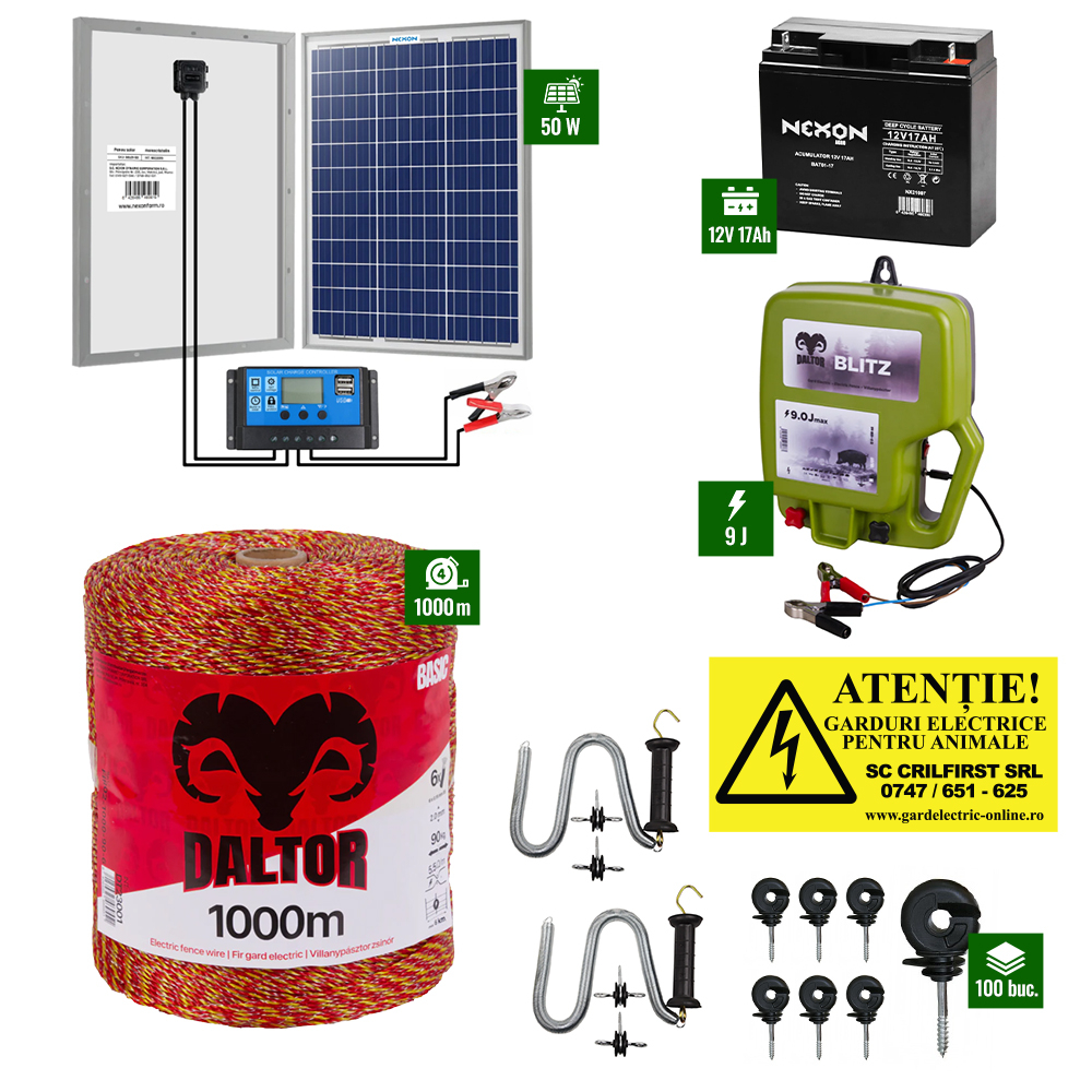 Pachet Gard Electric Daltor 9J + Fir Basic 1000m 90Kg + Panou 50W cu regulator + Acumulator 17Ah [1]