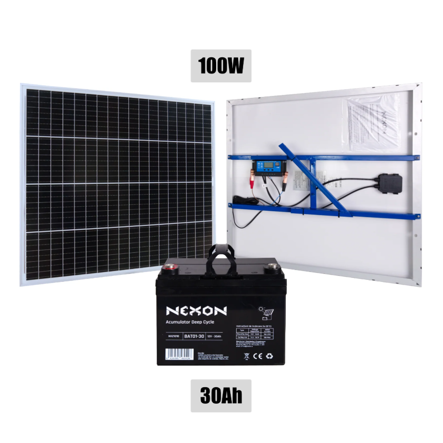 Sistem de alimentare solară cu panou de 100W și baterie 30Ah – NEXON [1]