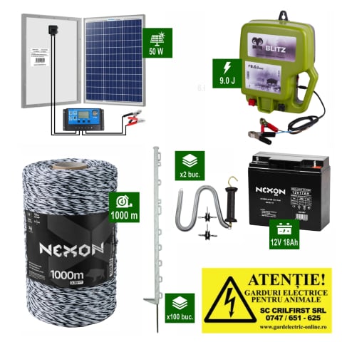 Pachete Gard electric - Pachet complet gard electric DALTOR 9J cu Fir 1000m 120Kg panou solar 50W și acumulator 18Ah și stâlpișori plastic