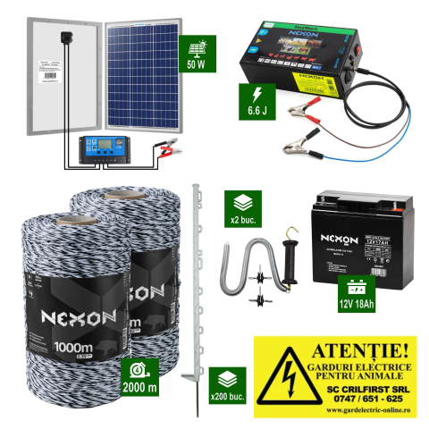 Pachete Gard electric - Pachet complet gard electric NEXON 6.6J cu Fir 2000m 120Kg panou solar 50W și acumulator 18Ah și stâlpișori plastic