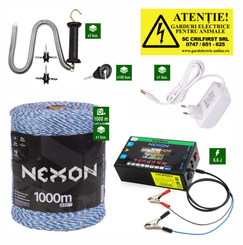 Gard Electric pentru Bovine, Oi, Mistreti - Pachet complet gard electric NEXON EasyShock 6,6J 12V/230V, fir 1000m 90kg Basic cu 4 lite