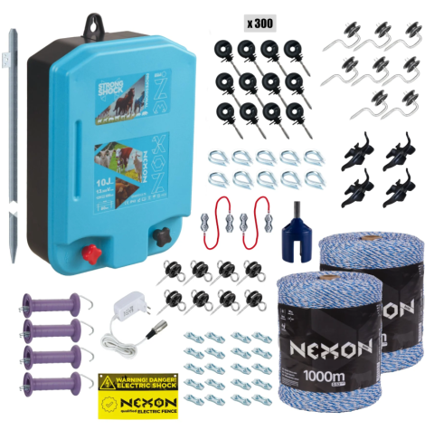 Gard Electric pentru Vaci și Oi - Pachet complet gard electric NEXON StrongShock 10J cu 2000m Fir si alimentator de la priză
