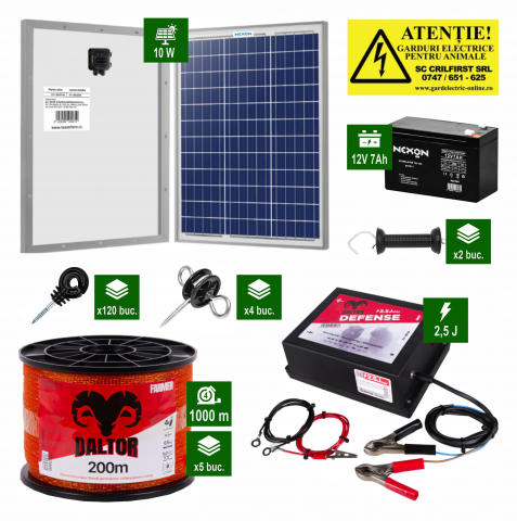 Gard electric pentru Cai, Câini, Capre, Vaci, Porci - Pachet Daltor 2,5J cu 1000m bandă și Panou solar plus Acumulator