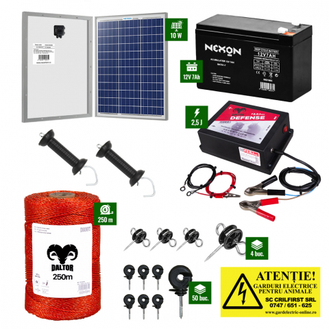 Gard electric pentru Cai, Câini, Capre, Vaci, Porci - Pachet Daltor 2,5J cu 250m de fir și Panou solar plus Acumulator