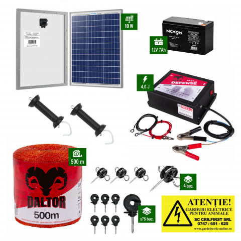Gard electric pentru Cai, Câini, Capre, Vaci, Porci - Pachet Daltor 4J cu 500m fir și Panou solar plus Acumulator