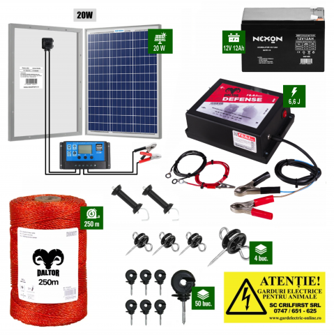 Gard electric pentru Cai, Câini, Capre, Vaci, Porci - Pachet Daltor 6,6J + 250m fir Daltor + Pan 20w + Acumulator/Baterie 12ah
