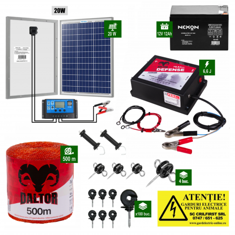 Gard electric pentru Cai, Câini, Capre, Vaci, Porci - Pachet Daltor 6,6J + 500m fir Daltor + Pan 20w + Acumulator/Baterie 12ah