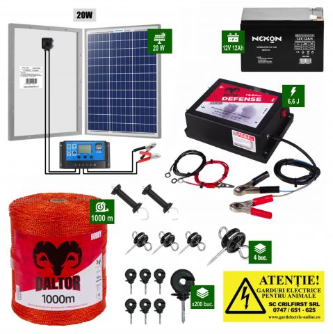 Gard electric pentru Cai, Câini, Capre, Vaci, Porci - Pachet Daltor 6,6J + 1000m fir Daltor + Pan 20w + Acumulator/Baterie 12ah