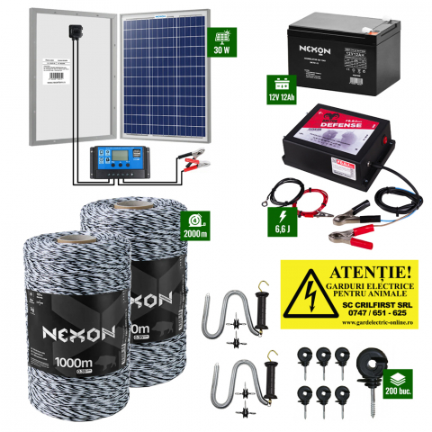 Gard Electric pentru Vaci și Oi - Pachet Daltor 6,6J + Fir Alb-Negru 2000m 120Kg + Panou 30W cu regulator + Acumulator 12Ah