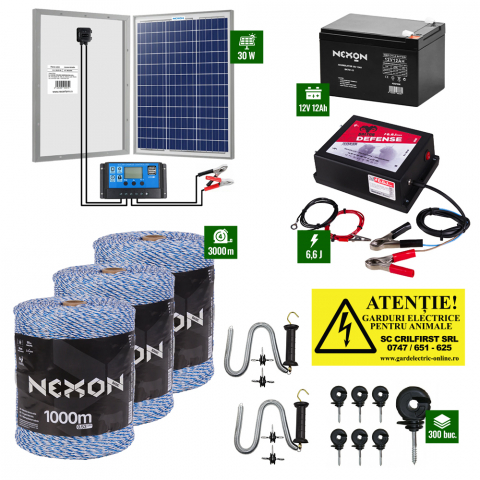 Gard Electric pentru Vaci și Oi - Pachet Daltor 6,6J + Fir Albastru 3000m 90Kg + Panou 30W cu regulator + Acumulator 12Ah