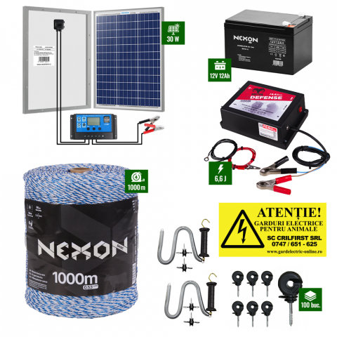 Gard Electric pentru Vaci și Oi - Pachet Daltor 6,6J + Fir Albastru 1000m 90Kg + Panou 30W cu regulator + Acumulator 12Ah