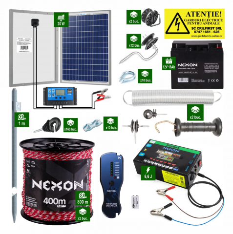 Gard electric pentru Animale sălbatice - Pachet Gard complet electric Nexon 6,6J + 800m Frânghie 300Kg + Pan 30w + Acumulator/Baterie 18ah