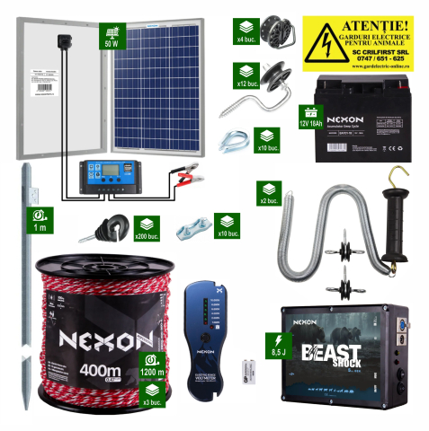 Gard Electric pentru Vaci și Oi - Pachet Gard complet electric Nexon BeastShock 8,5J + 1200m Frânghie 300Kg + Pan 50w + Acumulator/Baterie 18Ah