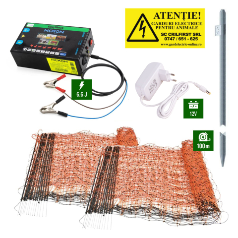 Pachet Gard electric 6,6J putere cu 100m de plasă și stâlpișori plastic Gard electric pentru Cai, Câini, Capre, Vaci, Porci - Pachet Gard electric 6,6J putere cu 100m de plasă și stâlpișori plastic