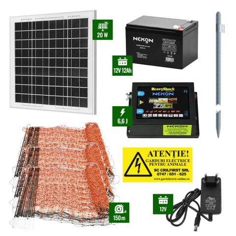 Pachet Gard electric 6,6J putere cu 150m de plasă plus Panou solar și acumulator Gard electric pentru Cai, Câini, Capre, Vaci, Porci - Pachet Gard electric 6,6J putere cu 150m de plasă plus Panou solar și acumulator