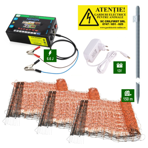 Pachet Gard electric 6,6J putere cu 150m de plasă și stâlpișori plastic Gard electric pentru Cai, Câini, Capre, Vaci, Porci - Pachet Gard electric 6,6J putere cu 150m de plasă și stâlpișori plastic
