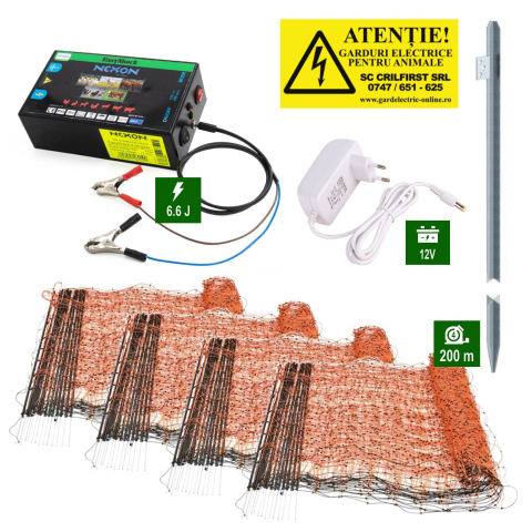Pachet Gard electric 6,6J putere cu 200m de plasă și stâlpișori plastic Gard electric pentru Cai, Câini, Capre, Vaci, Porci - Pachet Gard electric 6,6J putere cu 200m de plasă și stâlpișori plastic