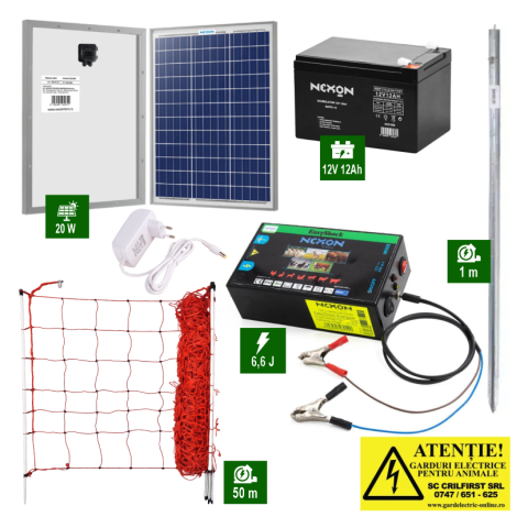 Gard Electric pentru Bovine, Oi, Mistreti - Pachet Gard electric 6,6J putere cu 50m de plasă plus Panou solar și acumulator - Copie