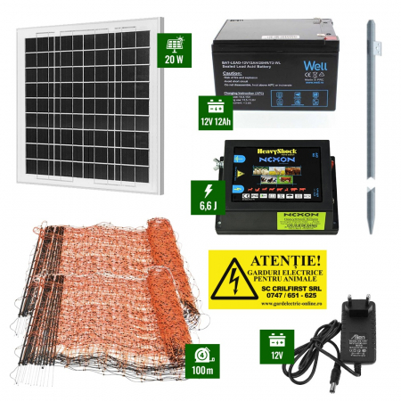 Gard electric pentru Cai, Câini, Capre, Vaci, Porci - Pachet Gard electric 6,6J putere cu 100m de plasă plus Panou solar și acumulator
