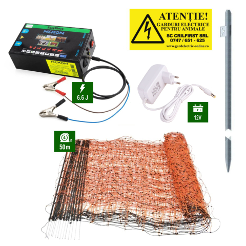 Gard electric pentru Cai, Câini, Capre, Vaci, Porci - Pachet Gard electric 6,6J putere cu 50m de plasă și stâlpișori plastic