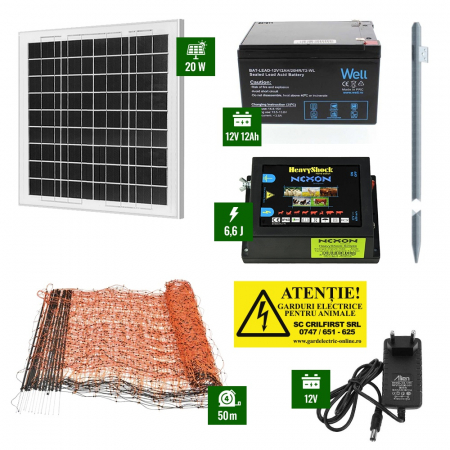 Gard electric pentru Cai, Câini, Capre, Vaci, Porci - Pachet Gard electric 6,6J putere cu 50m de plasă plus Panou solar și acumulator