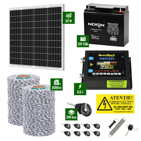 Gard Electric pentru Vaci și Oi - Pachet Gard electric 6,6j putere cu Panou Solar 50W si 2000m de fir 120Kg
