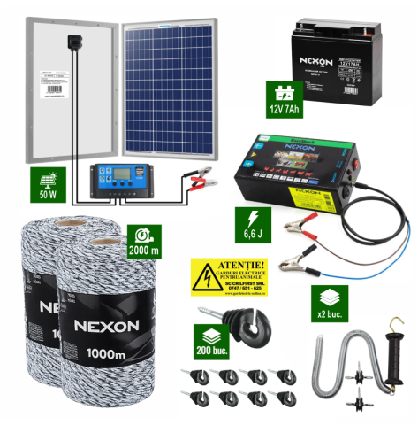 Gard Electric pentru Bovine, Oi, Mistreti - Pachet Gard electric 6,6j putere cu Panou Solar 50W si 2000m de fir 120Kg