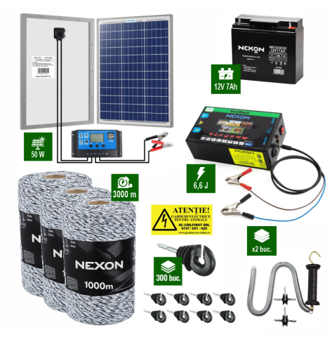 Gard Electric pentru Bovine, Oi, Mistreti - Pachet Gard electric 6,6j putere cu Panou Solar 50W si 3000m de fir 120Kg
