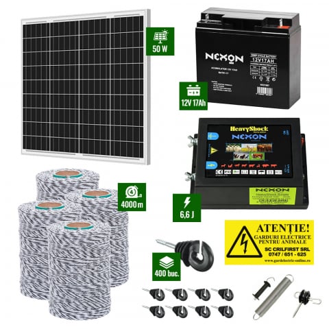 Gard Electric pentru Vaci și Oi - Pachet Gard electric 6,6j putere cu Panou Solar 50W si 4000m de fir 120Kg