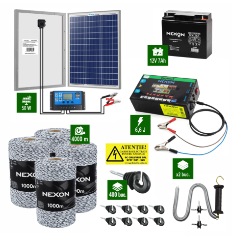 Gard Electric pentru Vaci și Oi - Pachet Gard electric 6,6j putere cu Panou Solar 50W si 4000m de fir 120Kg