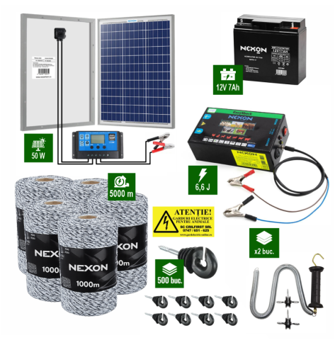 Gard Electric pentru Bovine, Oi, Mistreti - Pachet Gard electric 6,6j putere cu Panou Solar 50W si 5000m de fir 120Kg