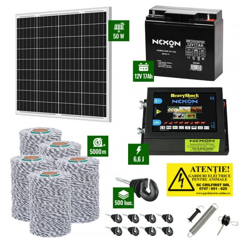 Gard Electric pentru Vaci și Oi - Pachet Gard electric 6,6j putere cu Panou Solar 50W si 5000m de fir 120Kg