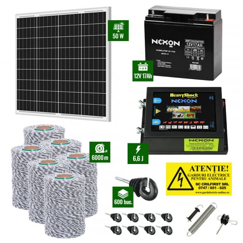 Gard Electric pentru Vaci și Oi - Pachet Gard electric 6,6j putere cu Panou Solar 50W si 6000m de fir 120Kg