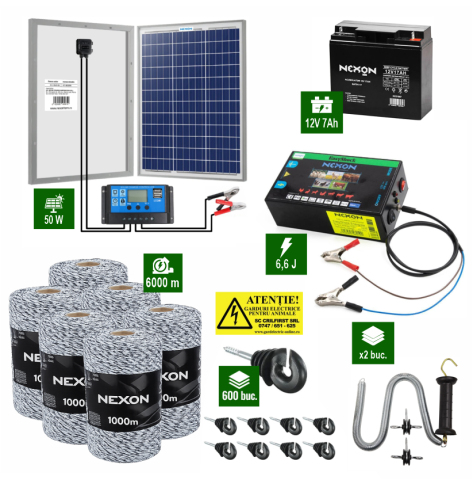 Gard Electric pentru Bovine, Oi, Mistreti - Pachet Gard electric 6,6j putere cu Panou Solar 50W si 6000m de fir 120Kg