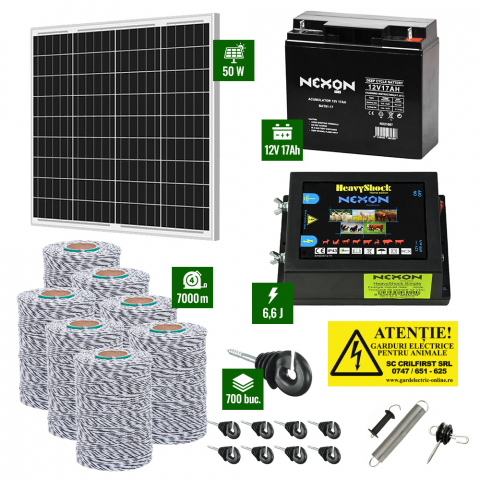Gard Electric pentru Vaci și Oi - Pachet Gard electric 6,6j putere cu Panou Solar 50W si 7000m de fir 120Kg