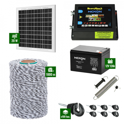 Gard Electric pentru Vaci și Oi - Pachet Gard electric 6,6j putere cu Panou Solar si 1000m de fir 120Kg