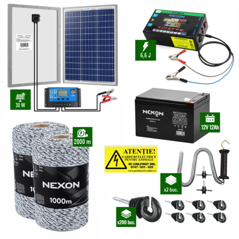 Gard Electric pentru Bovine, Oi, Mistreti - Pachet Gard electric 6,6j putere cu Panou Solar si 2000m de fir 120Kg