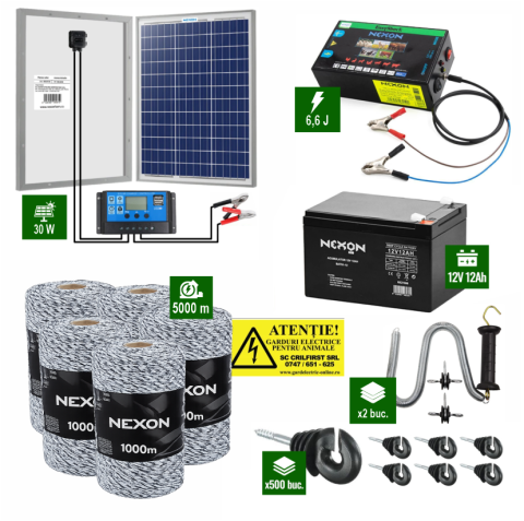 Gard Electric pentru Bovine, Oi, Mistreti - Pachet Gard electric 6,6j putere cu Panou Solar si 5000m de fir 120Kg