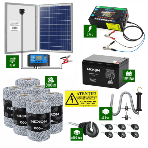 Gard Electric pentru Bovine, Oi, Mistreti - Pachet Gard electric 6,6j putere cu Panou Solar si 6000m de fir 120Kg
