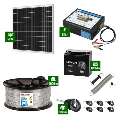 Pachet Gard electric 8,5J putere cu Panou Solar si 1000m sarma galvanizata 200Kg Gard electric pentru Animale sălbatice - Pachet Gard electric 8,5J putere cu Panou Solar si 1000m sarma galvanizata 200Kg