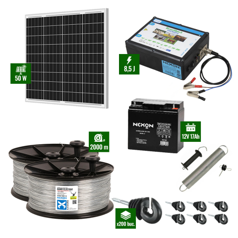 Gard electric pentru Animale sălbatice - Pachet Gard electric 8,5J putere cu Panou Solar si 2000m sarma galvanizata 200Kg