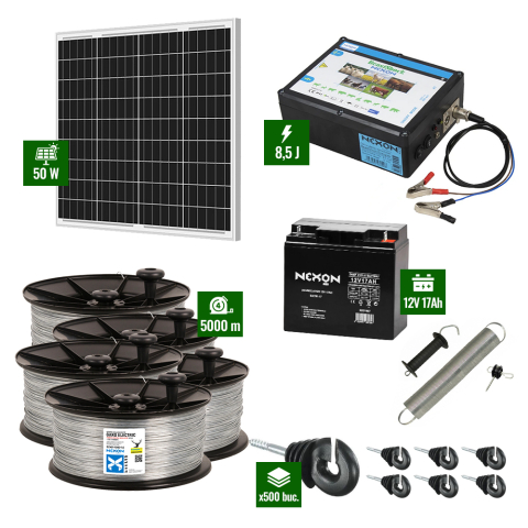 Gard electric pentru Animale sălbatice - Pachet Gard electric 8,5J putere cu Panou Solar si 5000m sarma galvanizata 200Kg