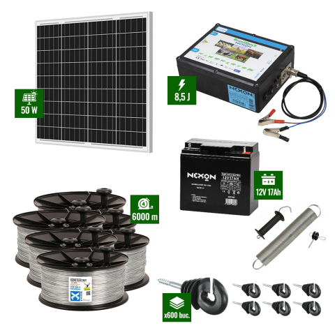 Gard electric pentru Animale sălbatice - Pachet Gard electric 8,5J putere cu Panou Solar si 6000m sarma galvanizata 200Kg