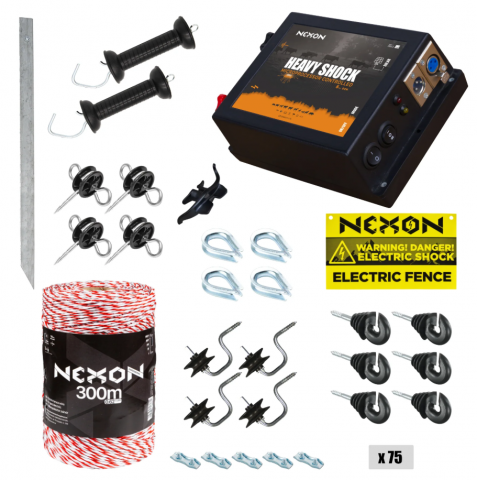 Gard electric pentru Cai, Câini, Capre, Vaci, Porci - Pachet gard electric cu aparat NEXON HeavyShock 2,5 J 300m fir 110kg