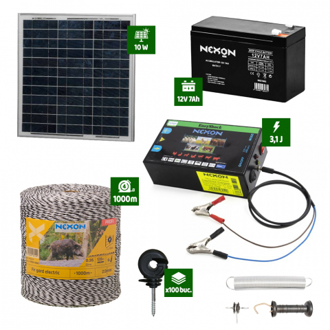 Gard electric pentru Cai, Câini, Capre, Vaci, Porci - Pachet gard electric cu Panou solar 3,1J putere cu 1000m Fir 130Kg